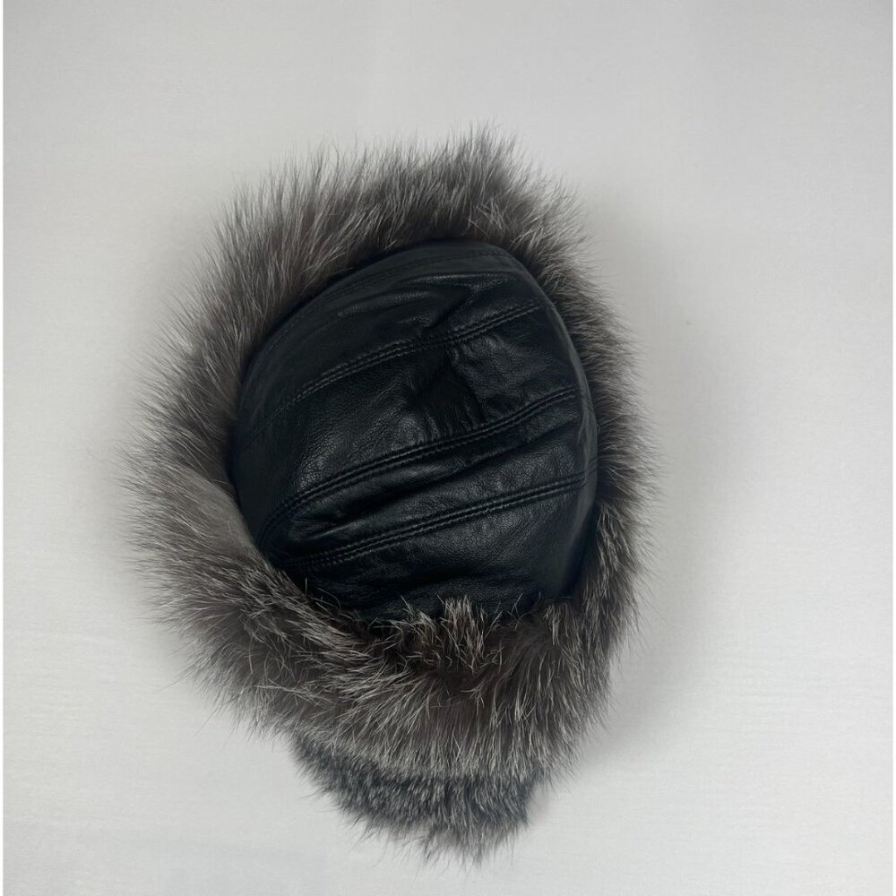 FRR Men Silver Fox Fur Black Leather Trapper Hat Winter Ear Flaps - Picture 2 of 8